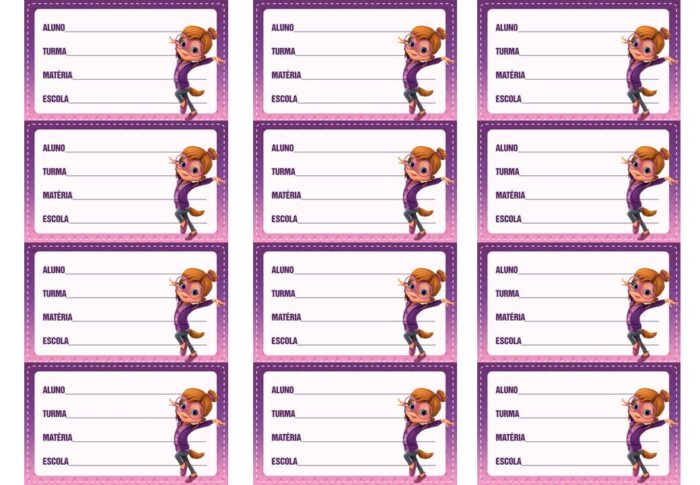 Etiqueta escolar da personagem feminina de 'Alvin e os Esquilos' para identificação de material escolar.
