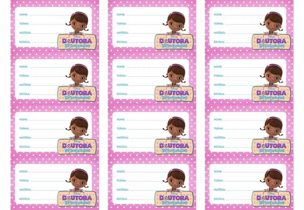 Etiquetas escolares da Doutora Brinquedos para identificação de material escolar.