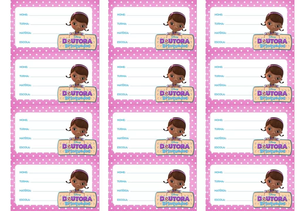 Etiquetas escolares da Doutora Brinquedos para identificação de material escolar.