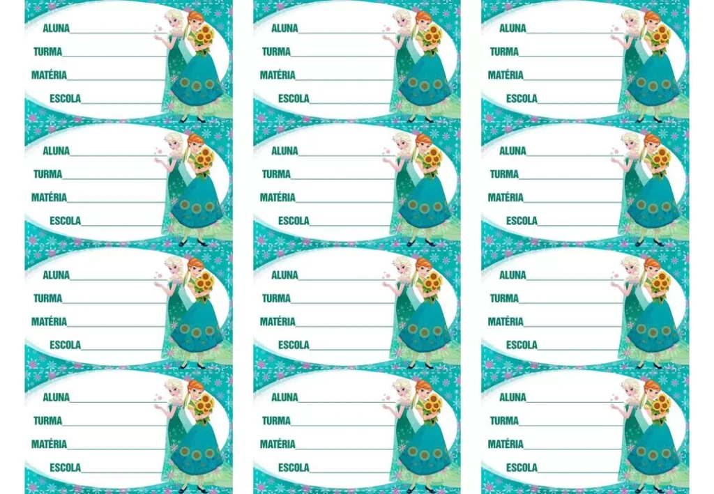 Etiqueta escolar Frozen verde para menina, com Elsa e Anna. Campos para nome, turma, matéria e escola.