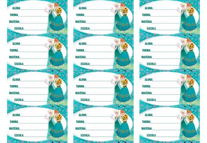 Etiqueta escolar Frozen verde para menina, com Elsa e Anna. Campos para nome, turma, matéria e escola.