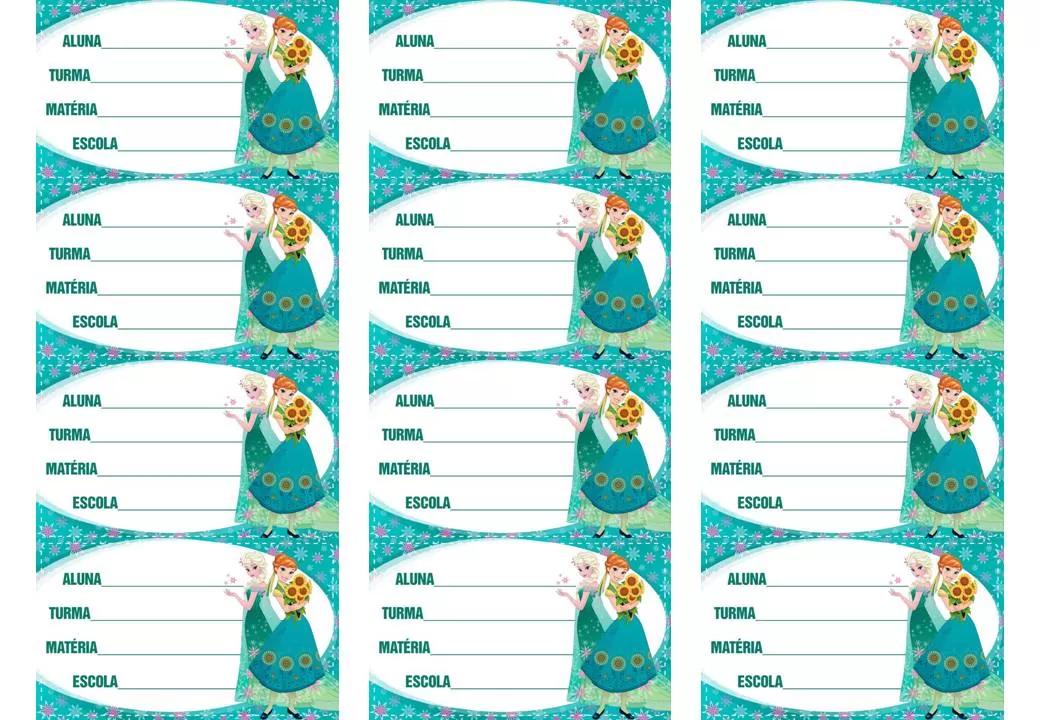 Etiqueta escolar Frozen verde para menina, com Elsa e Anna. Campos para nome, turma, matéria e escola.