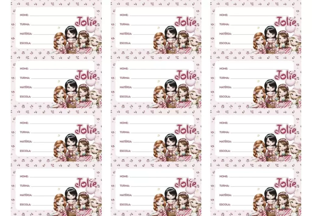 Etiquetas escolares da Jolie para identificar o material das crianças.