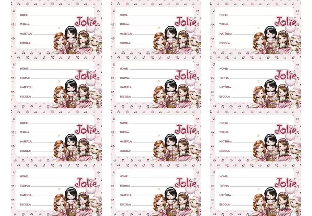 Etiquetas escolares da Jolie para identificar o material das crianças.