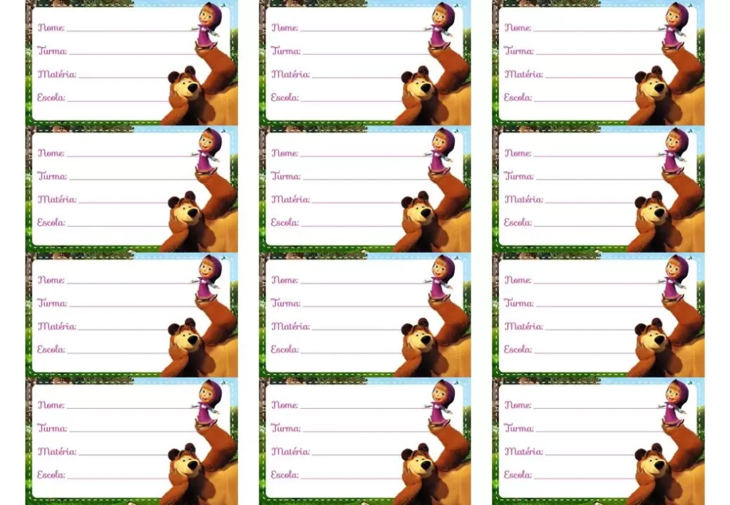Etiqueta escolar Masha e o Urso para identificação de material escolar.