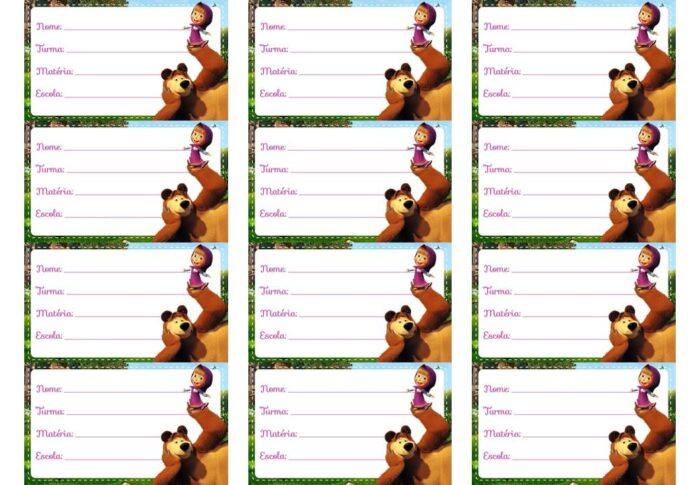 Etiqueta escolar Masha e o Urso para identificação de material escolar.