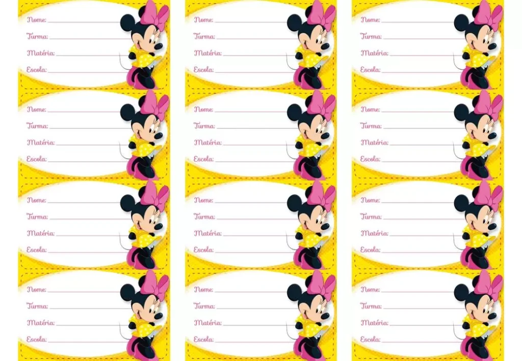 Etiquetas escolares da Minie Rosa para materiais escolares.