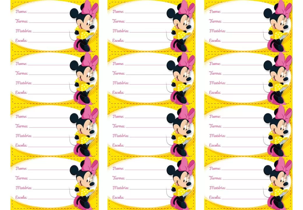 Etiquetas escolares da Minie Rosa para materiais escolares.