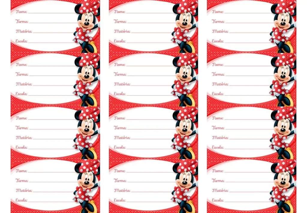 Etiqueta escolar da Minie Vermelha para identificação de material escolar.