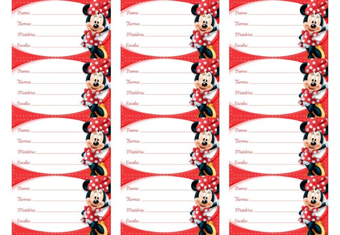 Etiqueta escolar da Minie Vermelha para identificação de material escolar.