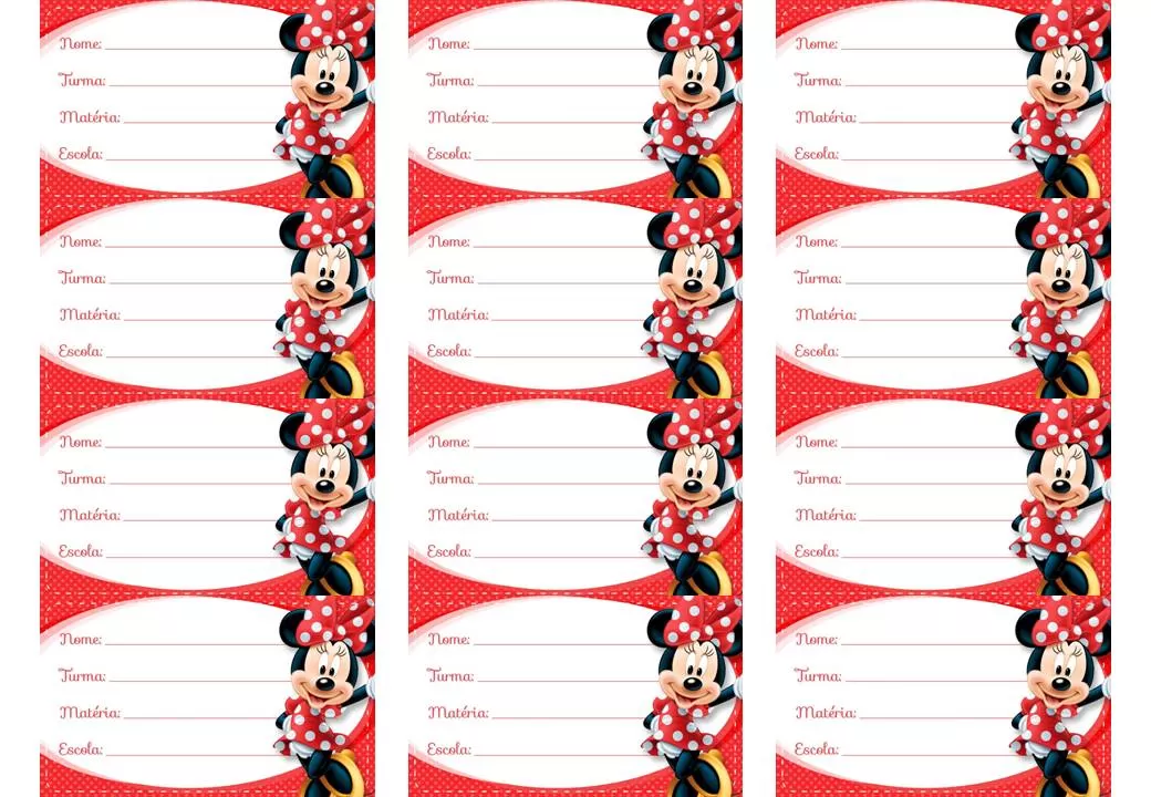 Etiqueta escolar da Minie Vermelha para identificação de material escolar.