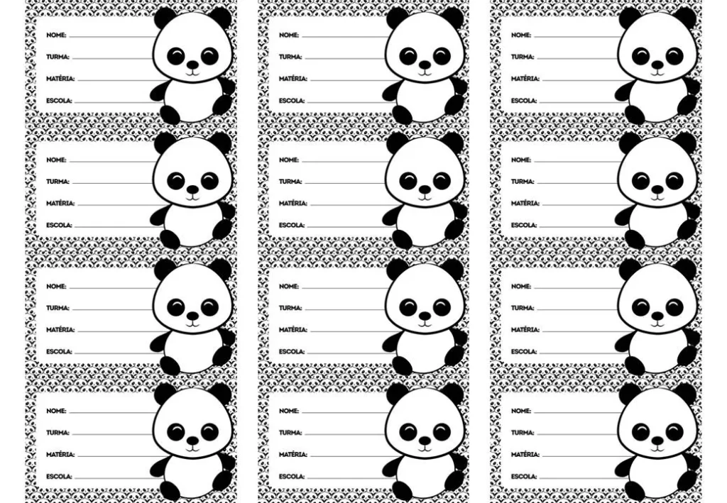 Etiqueta escolar Menina Panda para preencher com nome, turma, matéria e escola.