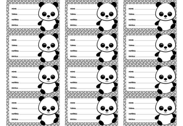 Etiqueta escolar Menina Panda para preencher com nome, turma, matéria e escola.