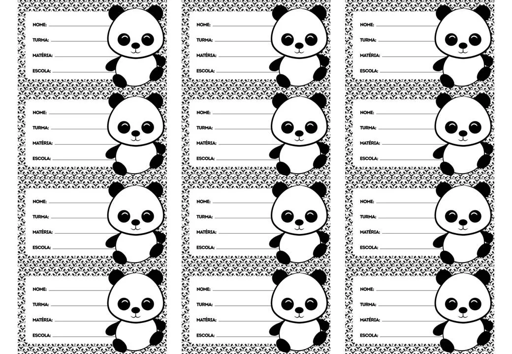 Etiqueta escolar Menina Panda para preencher com nome, turma, matéria e escola.