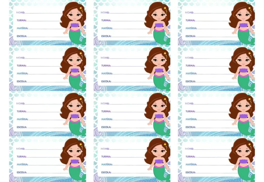 Etiquetas escolares da Pequena Sereia para personalizar o material escolar de meninas.