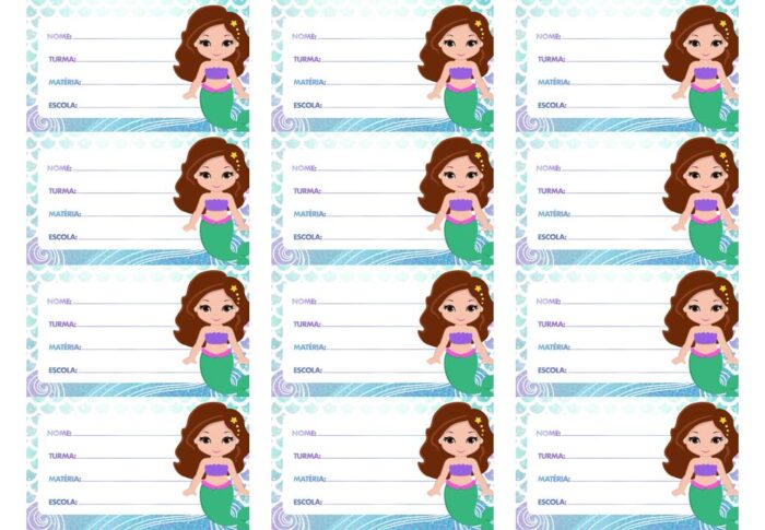 Etiquetas escolares da Pequena Sereia para personalizar o material escolar de meninas.