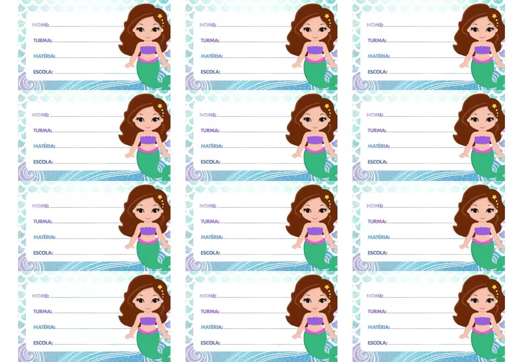 Etiquetas escolares da Pequena Sereia para personalizar o material escolar de meninas.