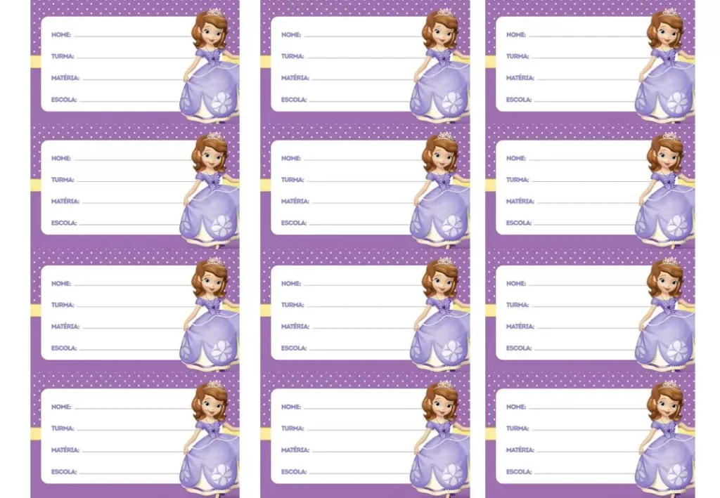 Etiqueta escolar da Princesa Sofia para identificação de material escolar.