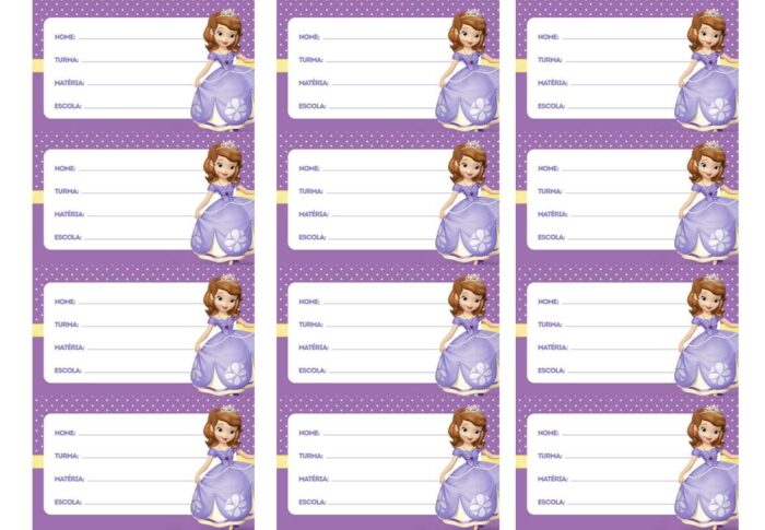 Etiqueta escolar da Princesa Sofia para identificação de material escolar.
