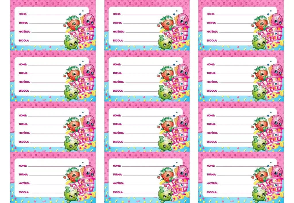 Etiquetas escolares Shopkins para identificação do material escolar infantil.