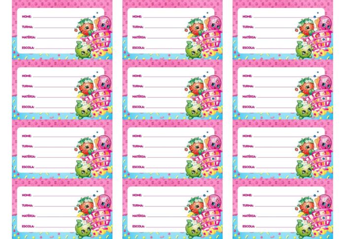 Etiquetas escolares Shopkins para identificação do material escolar infantil.