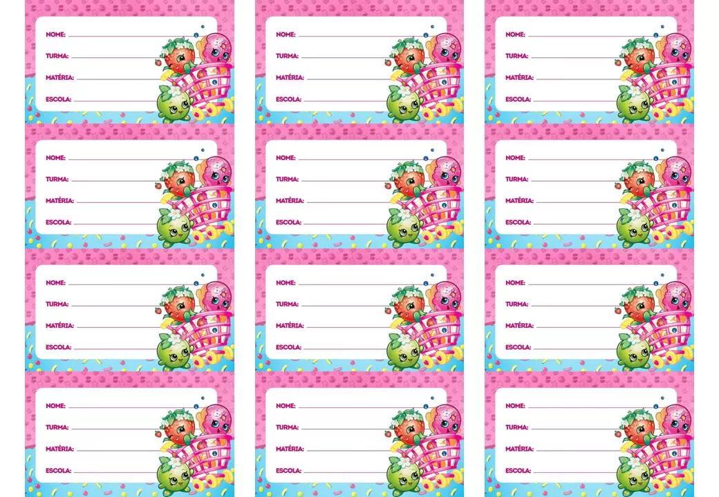 Etiquetas escolares Shopkins para identificação do material escolar infantil.