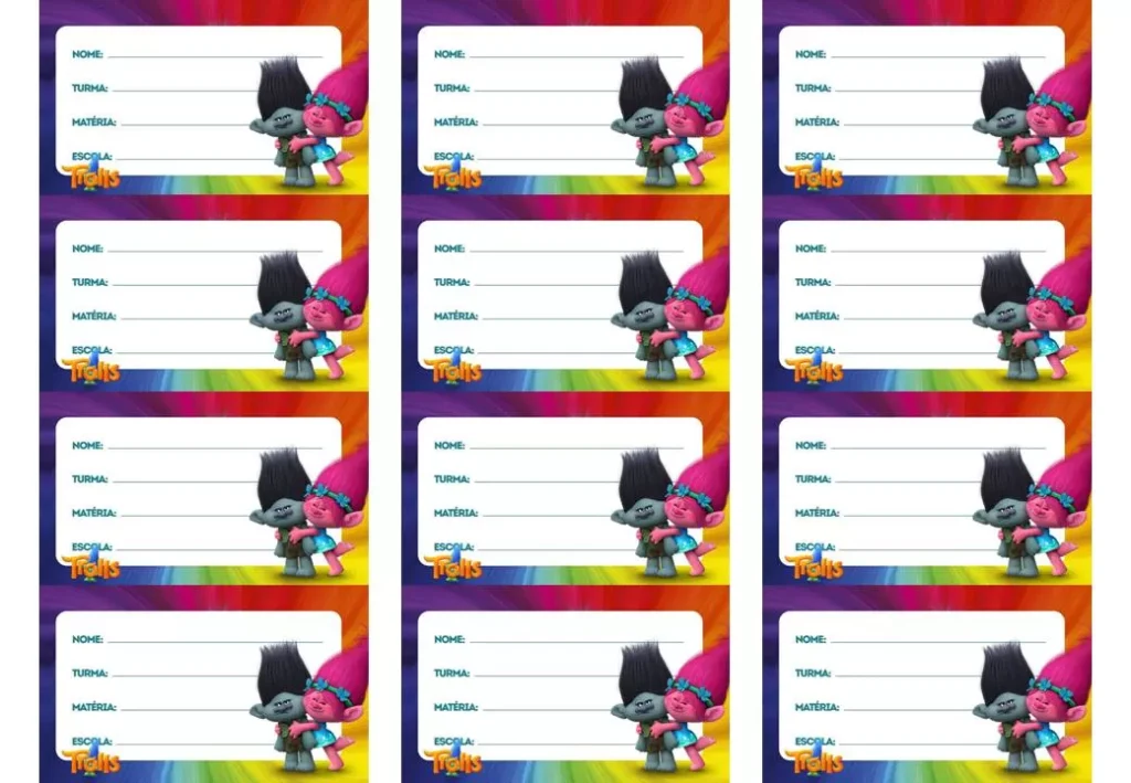 Etiqueta escolar Trolls para identificação de material