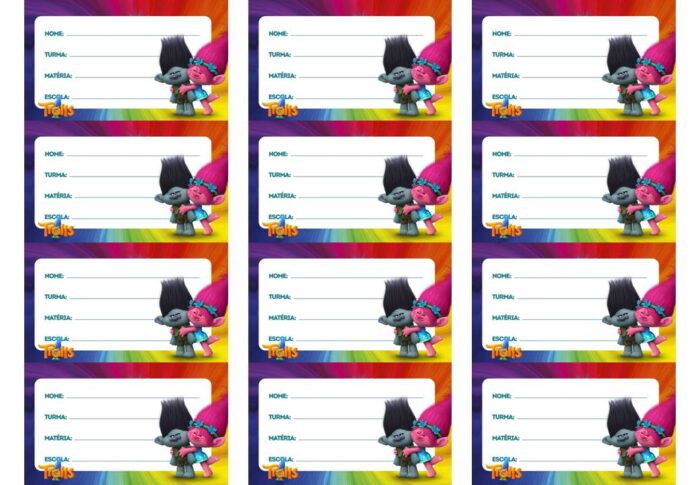 Etiqueta escolar Trolls para identificação de material