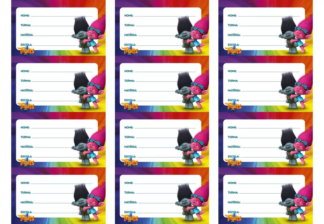 Etiqueta escolar Trolls para identificação de material