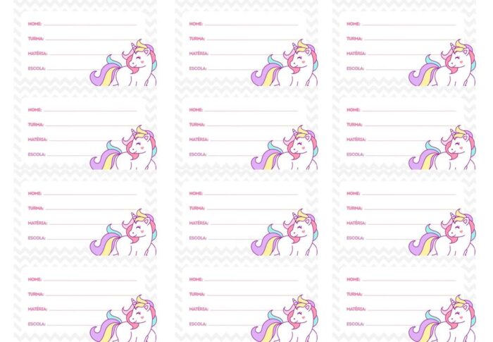 Etiqueta escolar de unicórnio colorido para identificação de material escolar.