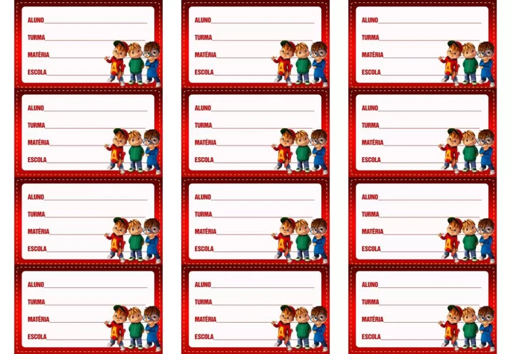 Etiquetas escolares de Alvin e os Esquilos para identificação de material.