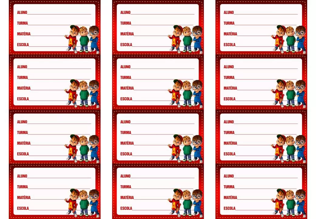 Etiquetas escolares de Alvin e os Esquilos para identificação de material.