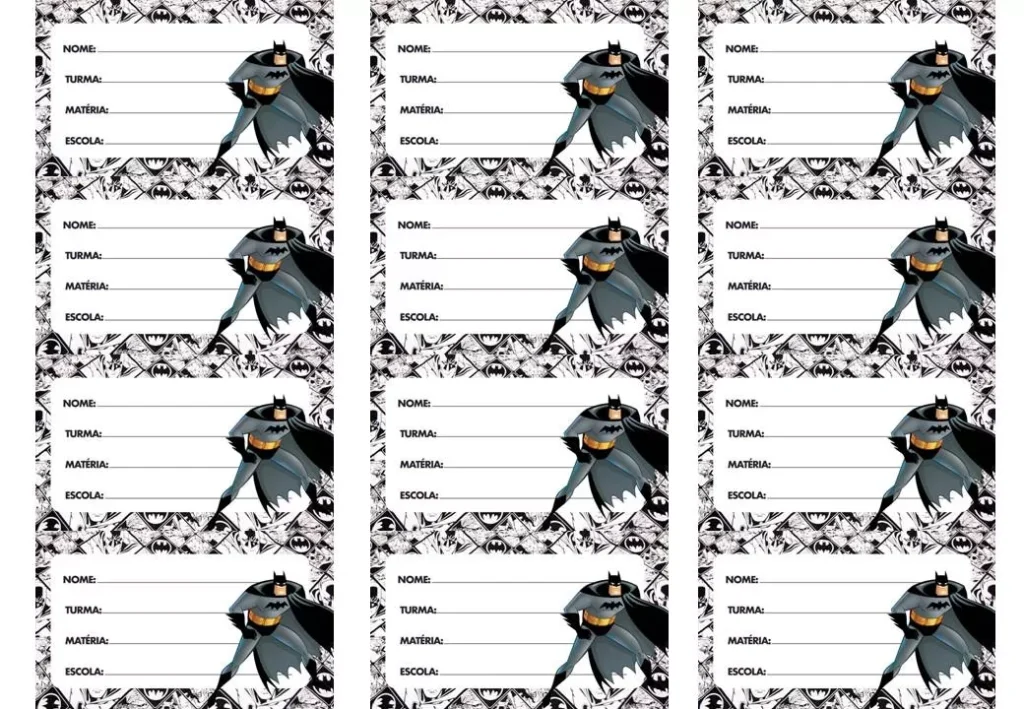 Etiqueta escolar do Batman para identificação de material escolar. Design temático com espaço para nome, turma, matéria e escola.