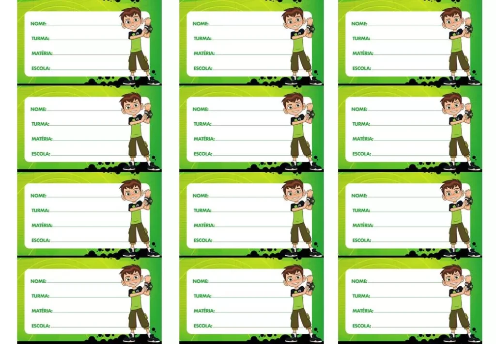Etiquetas escolares do Ben 10 para identificar o material do aluno