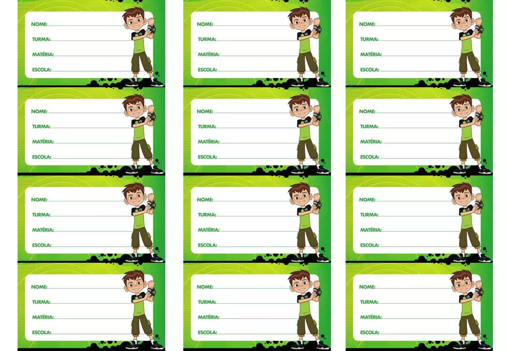 Etiquetas escolares do Ben 10 para identificar o material do aluno