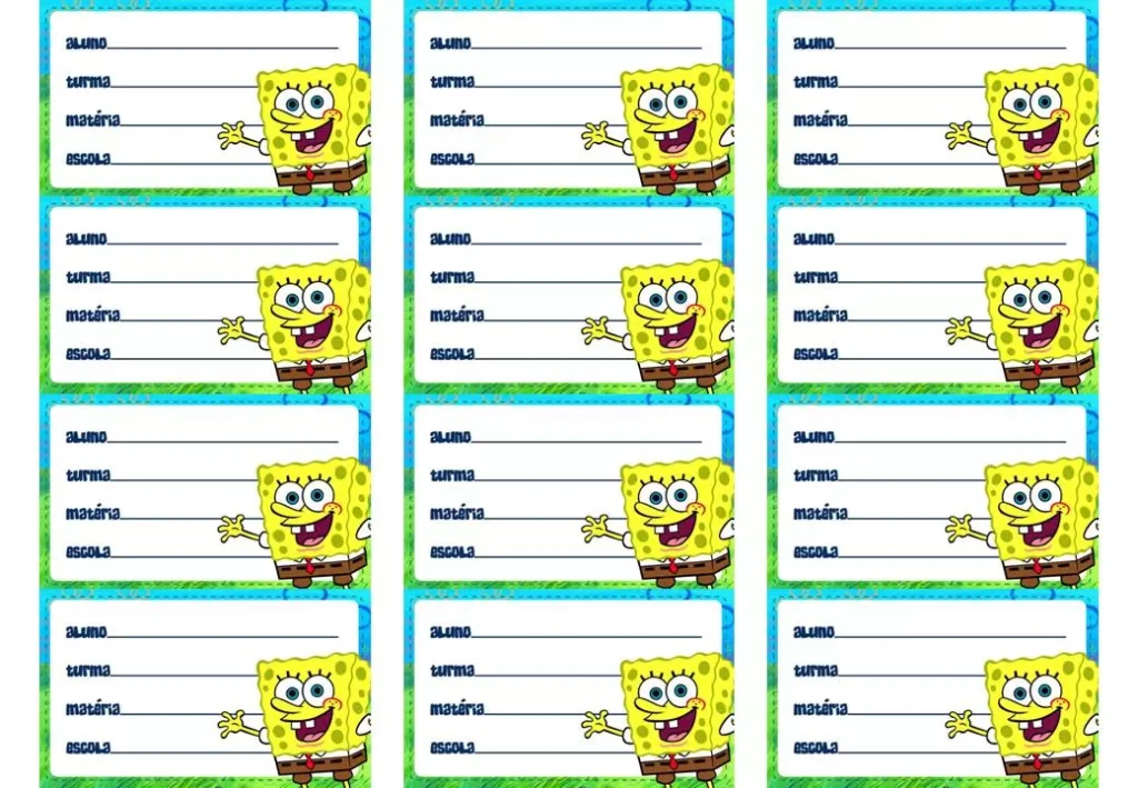 Etiquetas escolares do Bob Esponja para identificação de materiais.