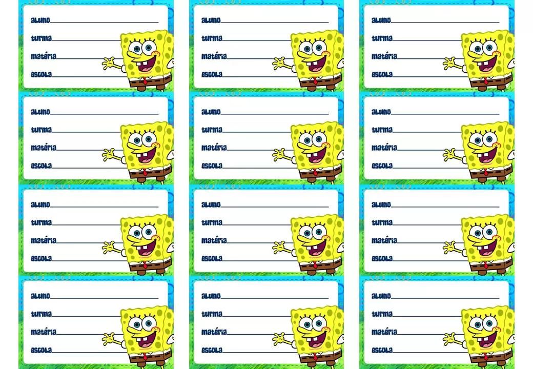 Etiquetas escolares do Bob Esponja para identificação de materiais.