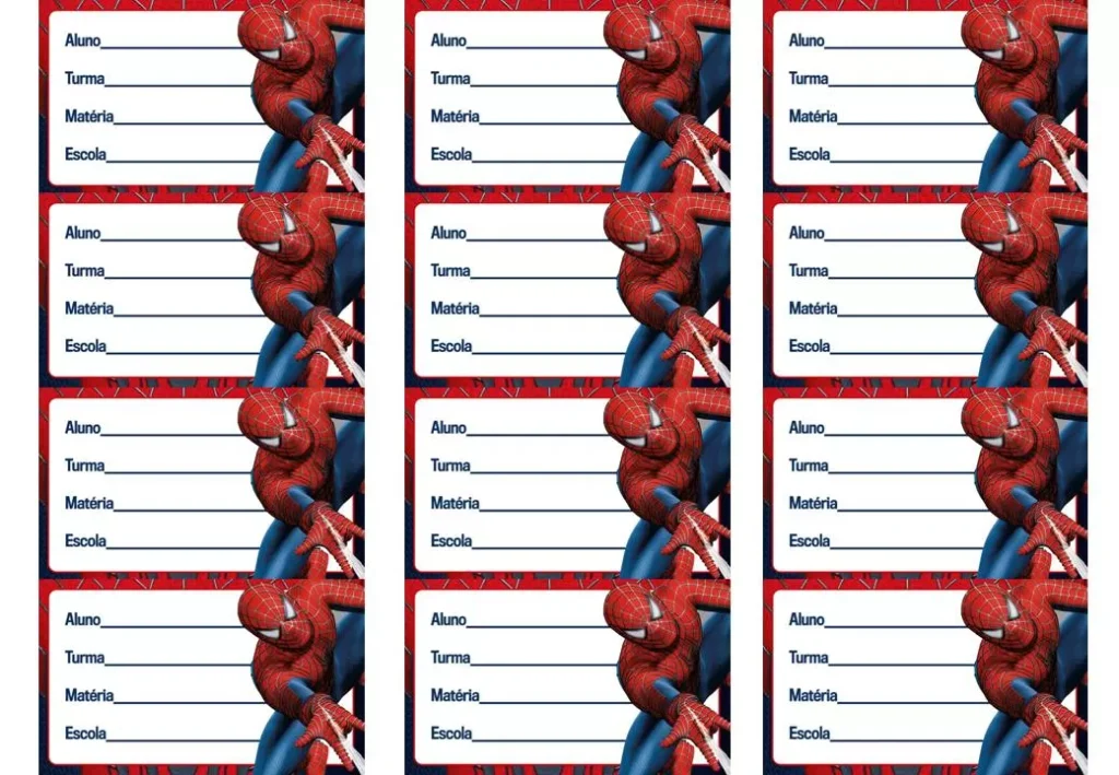 Etiquetas escolares do Homem-Aranha para identificar o material do aluno.