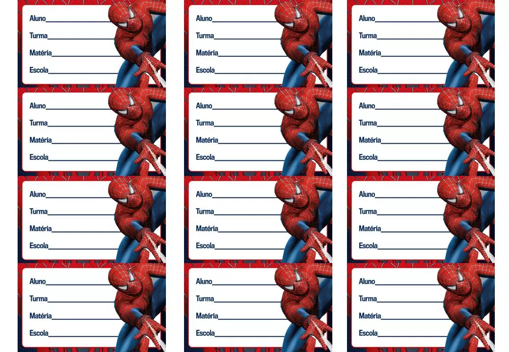 Etiquetas escolares do Homem-Aranha para identificar o material do aluno.