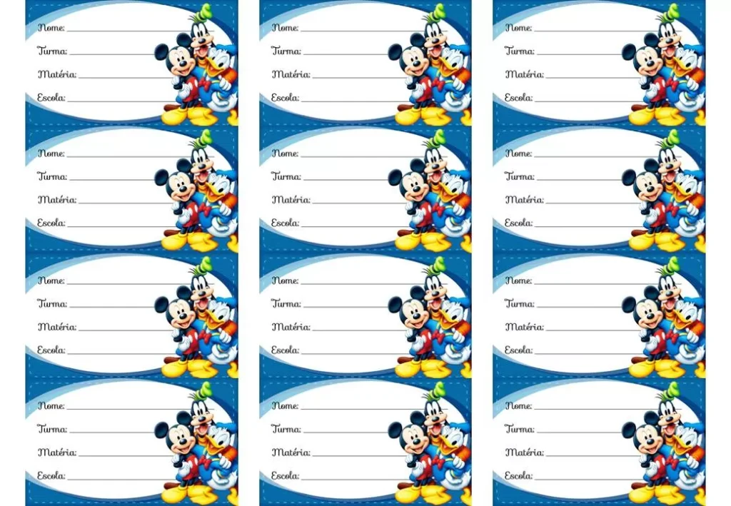 Etiquetas escolares do Mickey, Donald e Pateta para identificação de materiais.