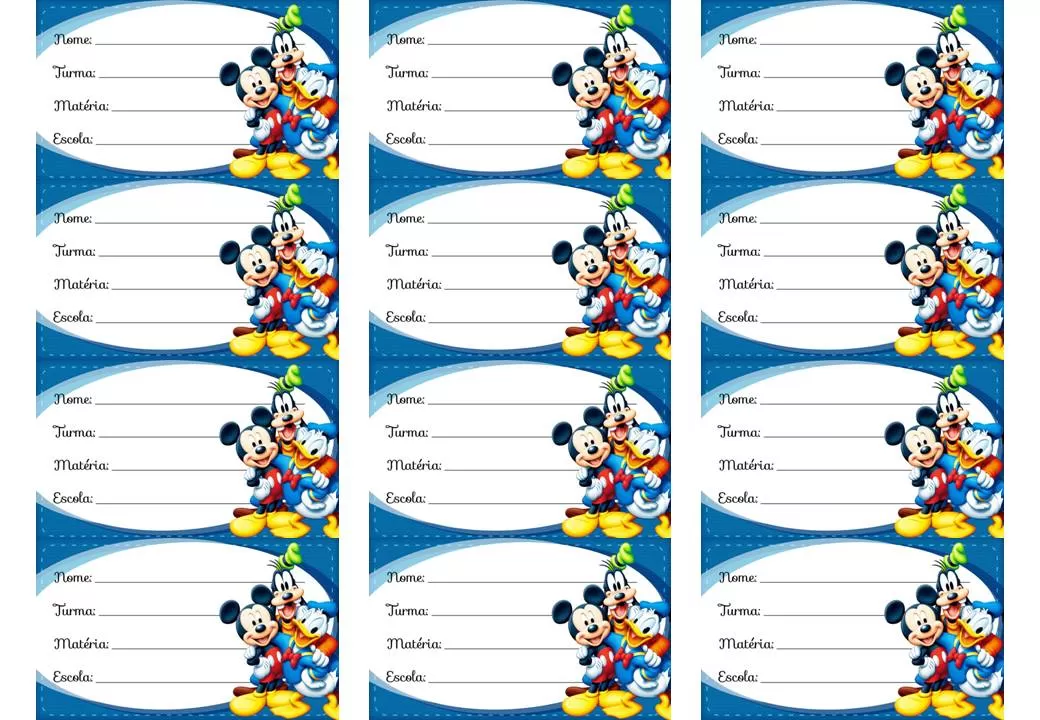 Etiquetas escolares do Mickey, Donald e Pateta para identificação de materiais.