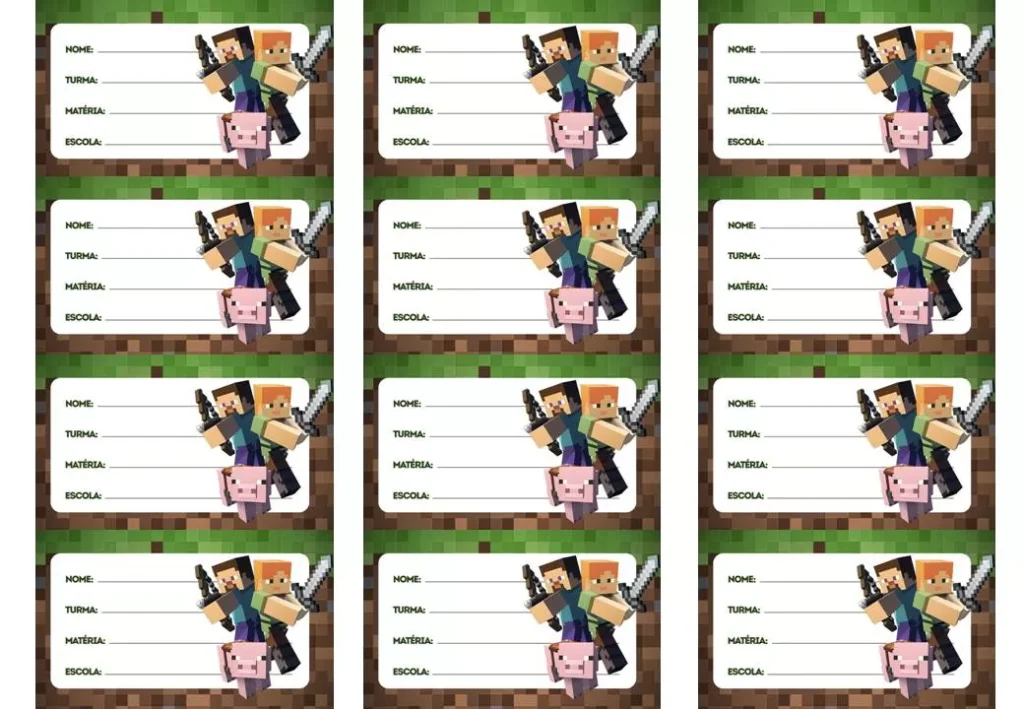 Etiqueta escolar Minecraft para identificar material de meninos