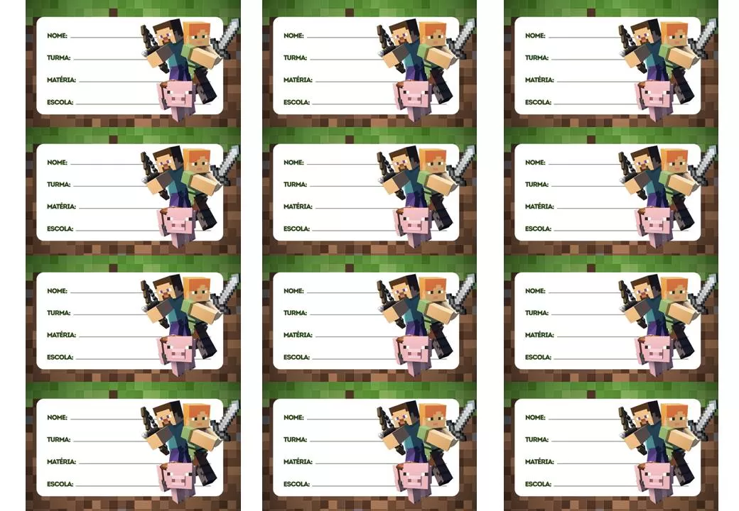 Etiqueta escolar Minecraft para identificar material de meninos