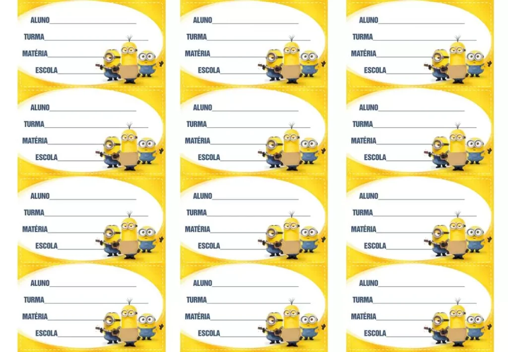 Etiquetas escolares dos Minions para material escolar de menino
