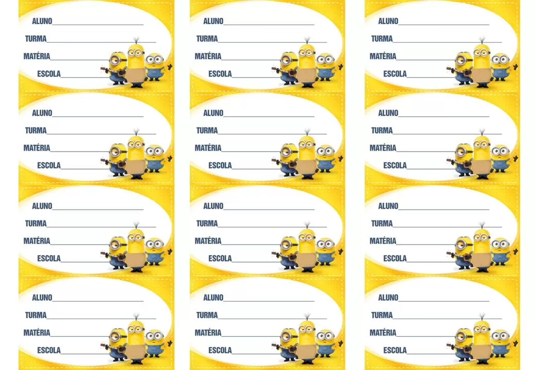 Etiquetas escolares dos Minions para material escolar de menino