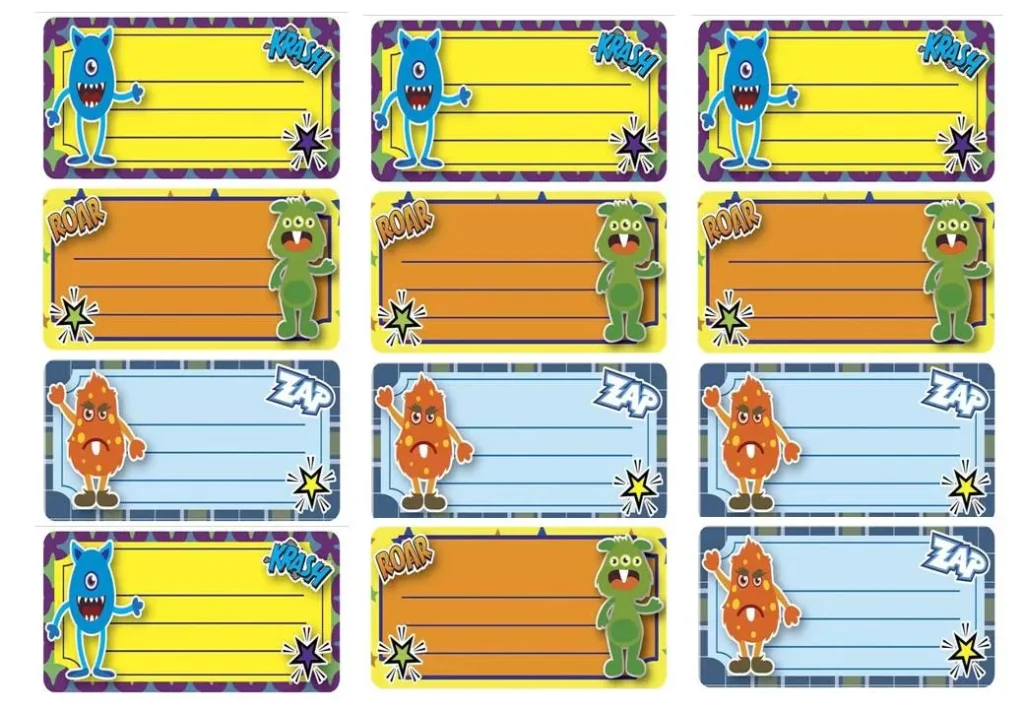 Etiquetas adesivas de monstrinhos coloridos para materiais escolares de menino.