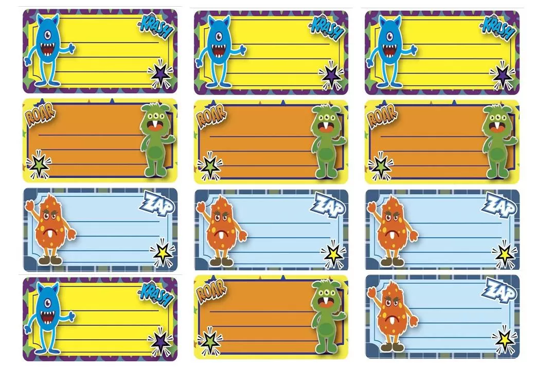 Etiquetas adesivas de monstrinhos coloridos para materiais escolares de menino.