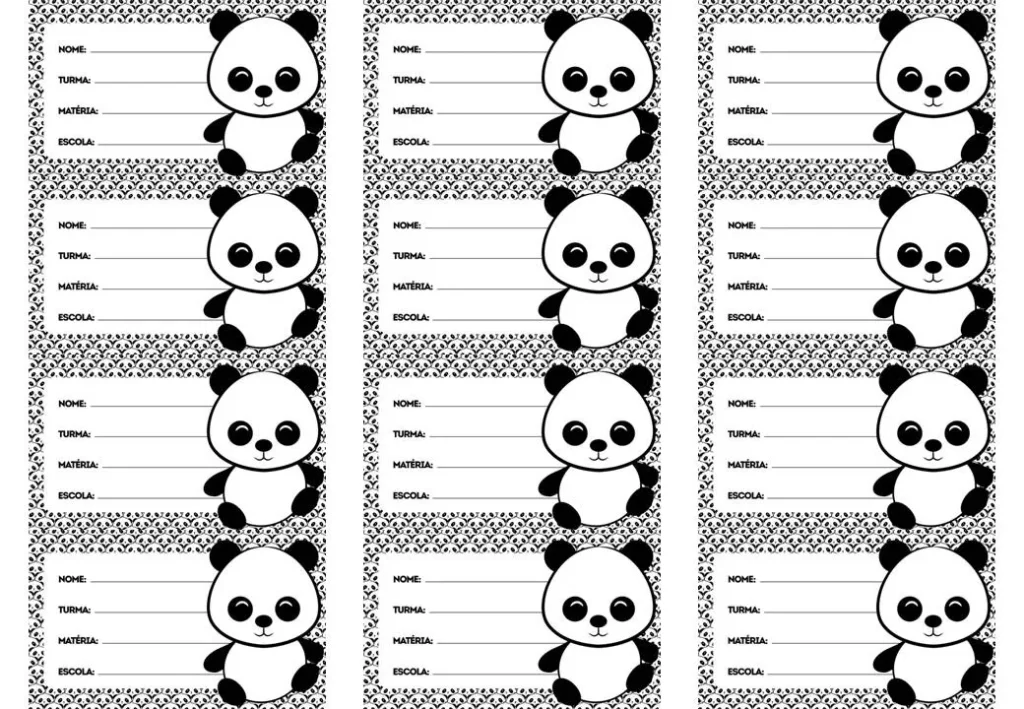 Etiquetas escolares com tema de panda para identificar material escolar de meninos.