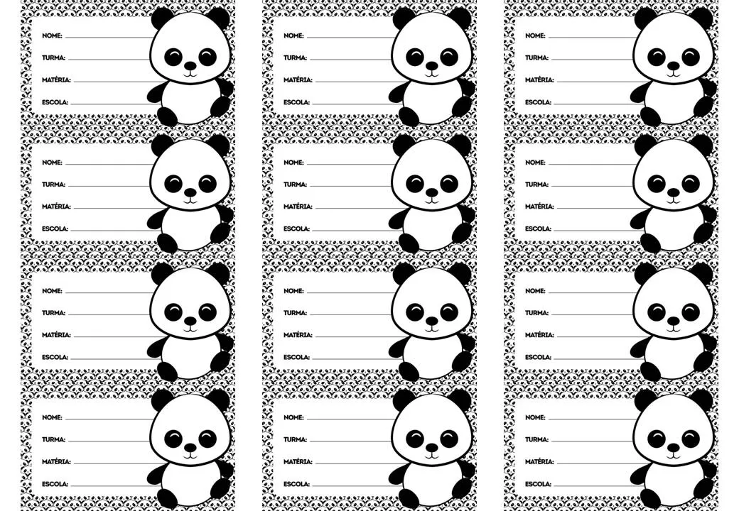 Etiquetas escolares com tema de panda para identificar material escolar de meninos.