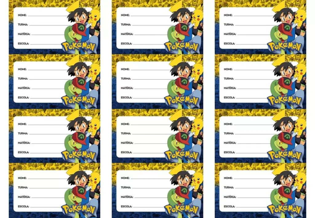 Etiquetas escolares Pokémon para personalizar o material do menino